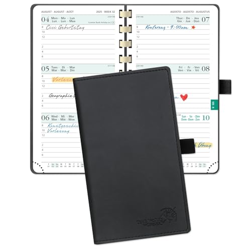POPRUN Taschenkalender 2025 2026 Klein 16,5 x 9 cm (Aug.2025-Dez.2026) - Kalender 2025 2026 Klein Ringbuch mit Softcover - Terminplaner, Planer 1 Woche 2 Seite mit Kartenschlitz - Schwarz von POPRUN