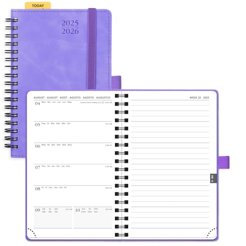 POPRUN Taschenkalender 2025 2026 Klein Notizbuch (Aug.2025-Dez.2026), ca. A6 (16 x 10,5 cm), kalender 2025 Klein Ringbuch mit Softcover - Terminplaner mit Plastiklineal - Flieder von POPRUN