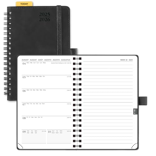 POPRUN Taschenkalender 2025 2026 Klein Notizbuch (Aug.2025-Dez.2026), ca. A6 (16 x 10,5 cm), kalender 2025 Klein Ringbuch mit Softcover - Terminplaner mit Plastiklineal - Schwarz von POPRUN