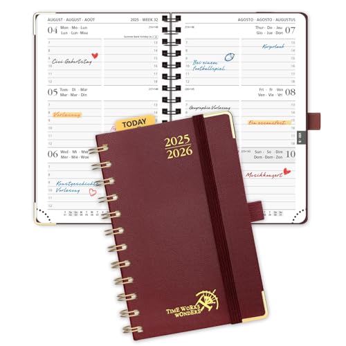 POPRUN Taschenkalender 2025 2026 Klein Ringbuch mit Hardcover, ca. A6 (16 x 10,5 cm) - Kalender 2025 2026 Klein (Aug.2025-Dez.2026) - Wochenplaner mit Vergoldete Schutzecken - Burgund von POPRUN