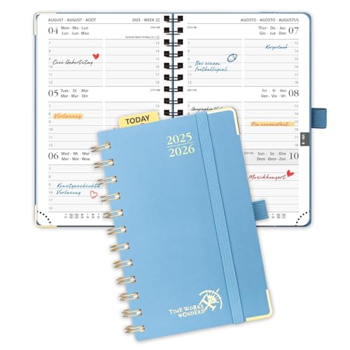 POPRUN Taschenkalender 2025 2026 Klein Ringbuch mit Hardcover, ca. A6 (16 x 10,5 cm) - Kalender 2025 2026 Klein (Aug.2025-Dez.2026) - Wochenplaner mit Vergoldete Schutzecken - Dunstblau von POPRUN