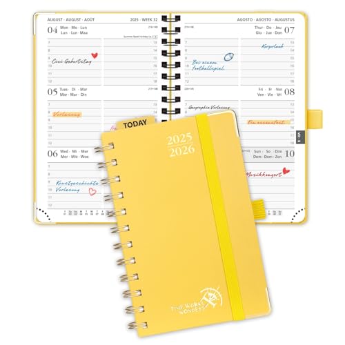 POPRUN Taschenkalender 2025 2026 Klein Ringbuch mit Hardcover, ca. A6 (16 x 10,5 cm) - Kalender 2025 2026 Klein (Aug.2025-Dez.2026) - Wochenplaner mit Vergoldete Schutzecken - Hellgelb von POPRUN