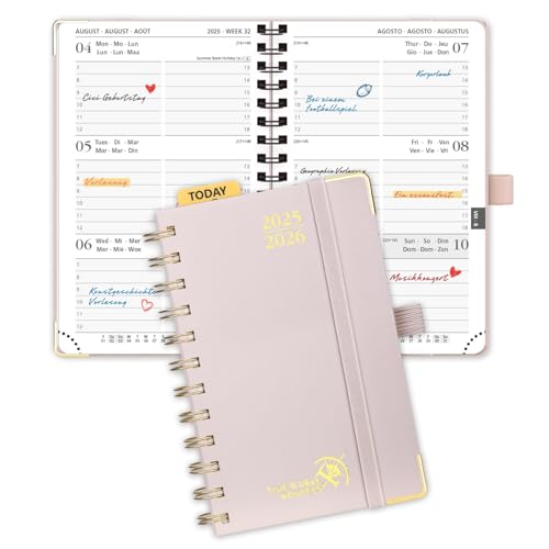 POPRUN Taschenkalender 2025 2026 Klein Ringbuch mit Hardcover, ca. A6 (16 x 10,5 cm) - Kalender 2025 2026 Klein (Aug.2025-Dez.2026) - Wochenplaner mit Vergoldete Schutzecken - Hellrosa von POPRUN