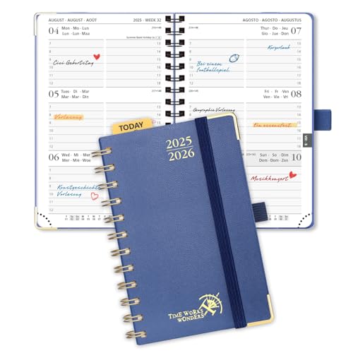 POPRUN Taschenkalender 2025 2026 Klein Ringbuch mit Hardcover, ca. A6 (16 x 10,5 cm) - Kalender 2025 2026 Klein (Aug.2025-Dez.2026) - Wochenplaner mit Vergoldete Schutzecken - Marineblau von POPRUN
