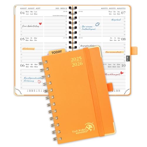 POPRUN Taschenkalender 2025 2026 Klein Ringbuch mit Hardcover, ca. A6 (16 x 10,5 cm) - Kalender 2025 2026 Klein (Aug.2025-Dez.2026) - Wochenplaner mit Vergoldete Schutzecken - Orange von POPRUN