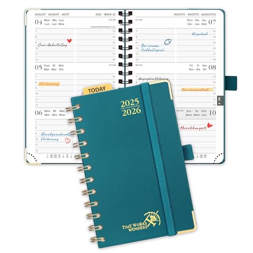POPRUN Taschenkalender 2025 2026 Klein Ringbuch mit Hardcover, ca. A6 (16 x 10,5 cm) - Kalender 2025 2026 Klein (Aug.2025-Dez.2026) - Wochenplaner mit Vergoldete Schutzecken - Pazifikgrün von POPRUN