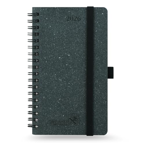 POPRUN Taschenkalender 2026 Klein Ringbuch 16,5 x 9 cm (Jan.2026-Dez.2026), Hergestellt aus Erneuerbaren und Umweltfreundlichen Materialien, kalender 2026 Klein mit Innentasche - Schwarzgrau von POPRUN