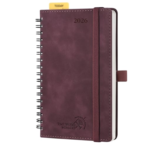 POPRUN Taschenkalender 2026 Klein Ringbuch mit Softcover, ca. A6 (16 x 10,5 cm) - Kalender 2026 Buchkalender Notizbuch (Jan.2026-Dez.2026) mit 100 GSM Papier - Weinrot von POPRUN