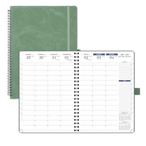 POPRUN Terminplaner Kalender 2026 Wochenplaner Ringbuch mit Softcover A4 Spiral gebunden, 21x29.7cm Mit Treppentabs, 2 Seiten pro Woche mit 15 Minuten Intervallen Auf Deutsch-Mitternachtsgrün von POPRUN
