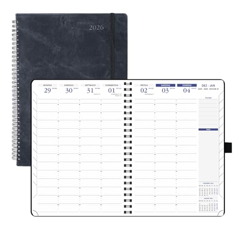 POPRUN Terminplaner Kalender 2026 Wochenplaner Ringbuch mit Softcover A4 Spiral gebunden, 21x29.7cm Mit Treppentabs, 2 Seiten pro Woche mit 15 Minuten Intervallen Auf Deutsch-Schwarz von POPRUN