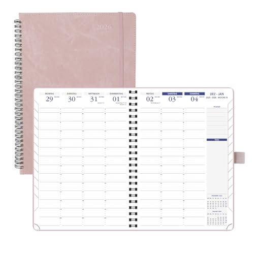 POPRUN Terminplaner Kalender 2026 Wochenplaner Ringbuch mit Softcover A4 Spiral gebunden, 21x29.7cm Mit Treppentabs, 2 Seiten pro Woche mit 15 Minuten Intervallen Auf Deutsch-Zartrosa von POPRUN