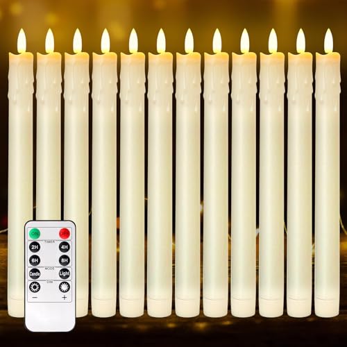 12er Set LED Stabkerzen mit Timer und Fernbedienung flackernde Flamme, 3D-Dochtlicht, batteriebetrieben, ideal für Weihnachten, Heimdekoration, Hochzeit und Party von PORFOYO