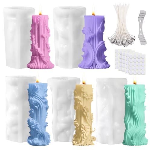 5 Stück Zylinderförmig Kerzenformen, Silikonformen Gießformen mit 50PC15CM Kerzendocht, Kerzenformen Zum Gießen, DIY Silikonform Kerzen für Handgemachte Seifen Urlaubskerzen von PORFOYO