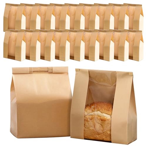 Brottüten Papier Groß, 50 Stück Kraftpapier Tüten mit Sichtfenster, Papiertüten Braun 21x9x35cm für Gebäck, Kekse, Sandwich, Aufbewahrung, Geschenkverpackung, Bäckertüten Butterbrottüten von PORFOYO