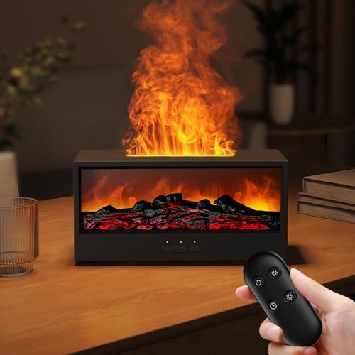 Flammen Aroma Diffuser mit LED Kamin, Duftöl Diffuser mit Fernbedienung, Diffuser ätherische öle 7-Farben-Licht mit Timer, 3D-Flammen Aromatherapie Diffusor, für Büro, Raumduft, Yoga, Schlafzimmer von PORFOYO