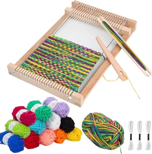 PORFOYO Holz Webrahmen Set, Webrahmen Kinder, Webrahmen Für Kinder Ab 8 Jahre, Rundstricknadel Set Weaving Loom Kit Mit Nadel, Kamm, Farbige Wolle, Idea Für Anfänger von PORFOYO