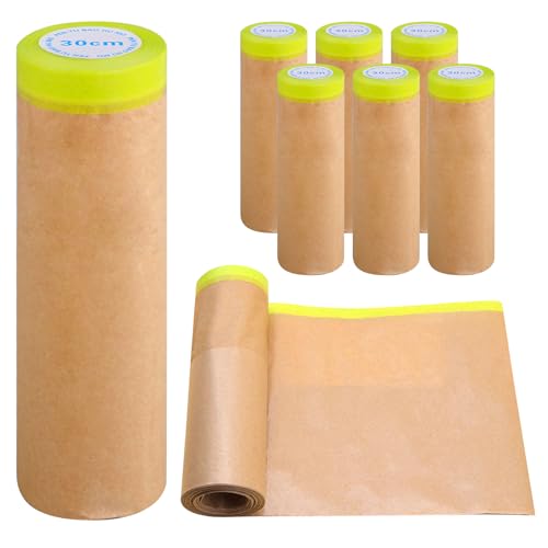 PORFOYO Malerabdeckpapier Mit Selbstklebendem, 6 Rolle Maler Abdeckpapier 30 cm * 15 M, 2in1 Malerkrepp Papier-Masker, Vorgeklebtes Abdeckpapier Mit Klebeband Für Lackieren, Renovierungen von PORFOYO