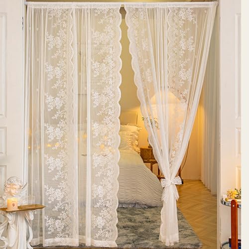 PORFOYO Weiße Spitze Vorhang,2 Stück 150cm*200cm Blumen Stickerei Voile Vorhang Mit Stange,Halbtransparente Vorhänge,Durchsichtig Spitze Vorhang Für Wohnzimmer,Schlafzimmer,Küche von PORFOYO