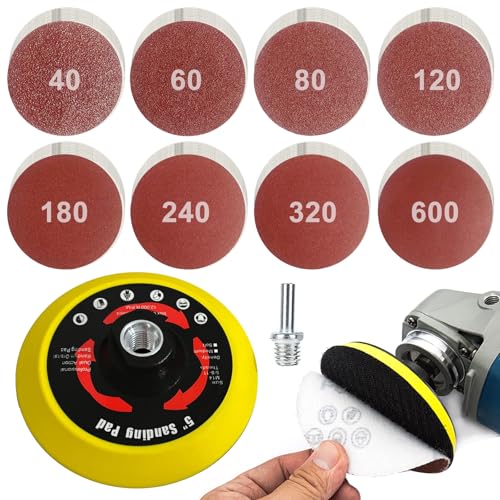 Schleifscheiben-Set 125 mm Klett für Winkelschleifer, 80 Stück Schleifpapier Klett mit M14 Schleifteller und Schaft, Schleifscheiben Pad, Schleifaufsatz, Winkelschleifer Zubehör für Holz und Metall von PORFOYO