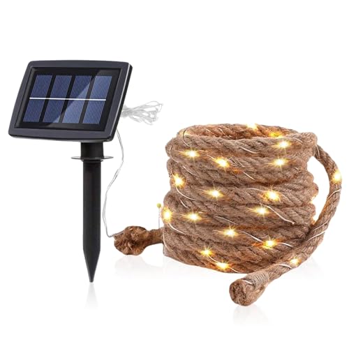 Solar Lichterkette Seil, 7M Solar Rope Lights mit 100 LEDs, Solar Lichterkette Seil Garten, Solar Hanfseil Lichterkette, IP67 Wasserdicht Solar Lichterkette Außen, Seil Leuchte Warmweiße Dekoration von PORFOYO