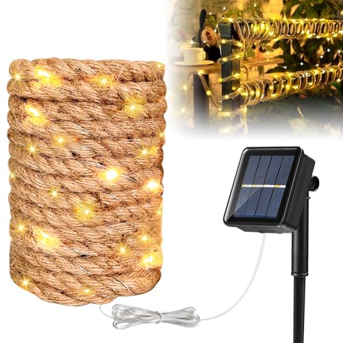 Solar Lichterkette Seil Garten 7m, Solar Lichterkette Aussen, Solar Hanfseil Lichterkette, Lichterkette Außen Solar Mit 100 Glühbirne, 8 Modi Vintage Hanfseil, Für Party, Hochzeit, Garten Deko von PORFOYO