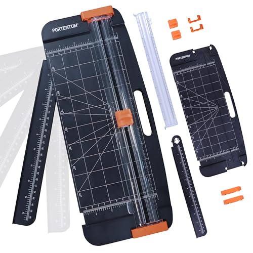 PORTENTUM Papierschneider A4 mit Rillfunktion und abnehmbarem Lineal – Schneidemaschine Papier mit verstellbarem Anschlag und Diagonalschnitt – Papierschneidemaschine für Basteln und Büro – 12 Blatt von PORTENTUM
