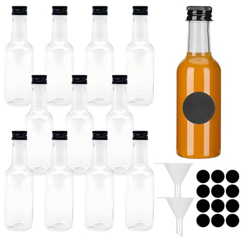 12 Stück Mini Fläschchen Kunststoff Likörflaschen, Plastik Shot Flaschen zum Befüllen, Wiederverwendbar Schnapsflaschen zum Befüllen mit Trichtern und 24 Aufklebern, für Hochzeiten Party (60ml) von PORUPAEL