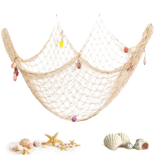 150x200cm Fish Net Wanddekoration with Shells - Mediterranean Style Cotton Fischernetz Deko for Wall Hanging, Beach Weddings & Photo Backdrops (Beige) von PORUPAEL