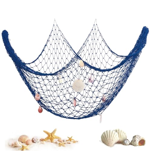 150x200cm Fish Net Wanddekoration with Shells - Mediterranean Style Cotton Fischernetz Deko for Wall Hanging, Beach Weddings & Photo Backdrops (Blau) von PORUPAEL