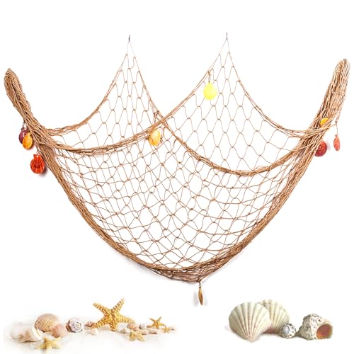 150x200cm Fish Net Wanddekoration with Shells - Mediterranean Style Cotton Fischernetz Deko for Wall Hanging, Beach Weddings & Photo Backdrops (Braun) von PORUPAEL