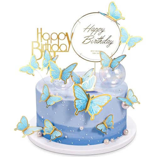 22 Stück Schmetterlinge Tortendeko Geburtstag Dreidimensional Schmetterlinge Kuchen Deko Butterfly Cupcake Topper Happy Birthday Torte Deko Zubehör für Geburtstag Babyparty (Blau) von PORUPAEL