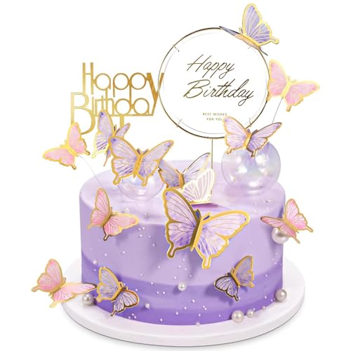22 Stück Schmetterlinge Tortendeko Geburtstag Dreidimensional Schmetterlinge Kuchen Deko Butterfly Cupcake Topper Happy Birthday Torte Deko Zubehör für Geburtstag Babyparty (Rosa Lila) von PORUPAEL