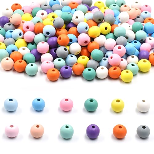 PORUPAEL 400 Stück Bunte Holzperlen zum Auffädeln 10mm Farbige Holzkugeln mit Loch für DIY Schmuckherstellung, Kreatives Basteln für Erwachsene Kinder von PORUPAEL