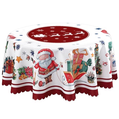 Weihnachten Tischdecke Rund Weihnachtstischdecke Rot 150cm Abwaschbar Polyester Tischdecke für Weihnachtsessen Deko Party Küchendekoration (Multicolor 5) von PORUPAEL