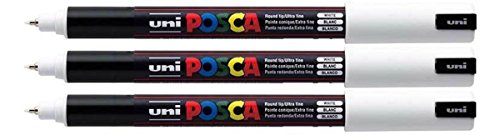 PC-1MR Weiss Uni Posca Marker Paint Marker Permanentstift Ultra fein 0,7 mm Schreibspitze Feder Kaliber schreibt auf jedem Untergrund aus Metall mit Kunststoffrahmen aus Stoff mit Glasstein (3 Stück) von POSCA
