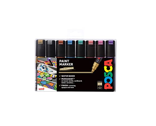 POSCA 153544856 PC-8K „Metallic Paint in a Pen“-Set, 8 mm breite Keilspitze aus Acryl, wasserbasierte Filzstifte, 8 Farben von POSCA