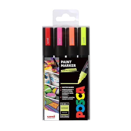 POSCA 153544858 PC-5M „Fluorescent Paint in a Pen“-Set, 2,5 mm breite Kugelspitze, wasserbasierte Filzstifte, 4 Farben von POSCA