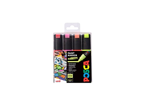 POSCA 153544859 PC-8K „Fluorescent Paint in a Pen“-Set, 8 mm breite Keilspitze aus Acryl, wasserbasierte Filzstifte, 4 Farben von POSCA