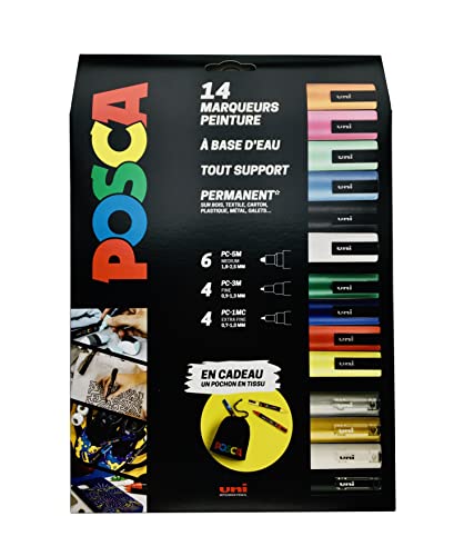 POSCA - MITSUBISHI Pencil - Posca - 14 Posca Marker - Extra-Fines PC1MC / feine PC3M / mittlere PC5M - Farbmarkierungen auf Wasserbasis - Alles Halterung - Permanent-Etui von POSCA
