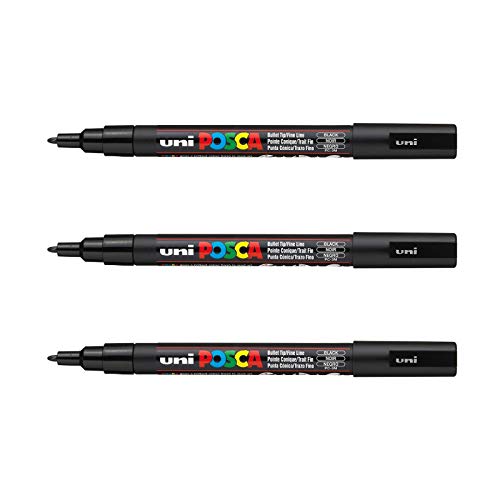 POSCA Mitsubishi Pencil – 3 Marker schwarz PC3M – konische Spitze feine Spitze – Marker auf Wasserbasis – für Papier, Textilien, Glas, Kieselstein, Holz etc. von POSCA