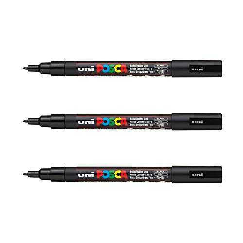 POSCA Mitsubishi Pencil – 3 Marker schwarz PC3M – Kegelspitze feine Spitze – Farbmarker auf Wasserbasis – für Papier, Textilien, Glas, Kieselstein, Holz usw. von POSCA