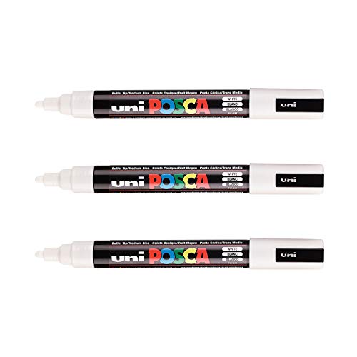 POSCA Mitsubishi Pencil – 3 weiße Marker PC5M – konische Spitze – Marker auf Wasserbasis – alle Untergründe – für Papier, Textilien, Glas, Kiesel, Holz usw. von POSCA