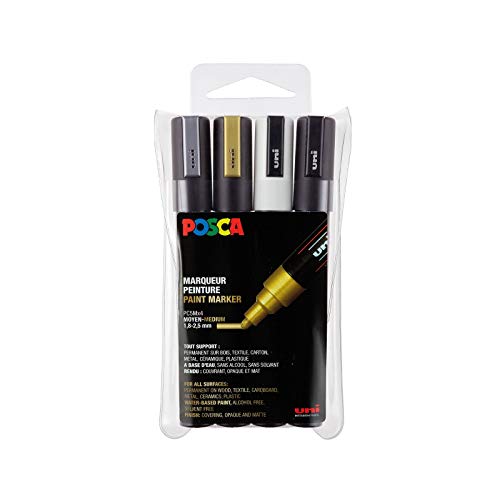 POSCA Mitsubishi Pencil – 4 Marker PC5M – Metallic-Farben – konische Spitze mittlere Spitze – Marker auf Wasserbasis – für Papier, Textilien, Glas, Kiesel, Holz von POSCA