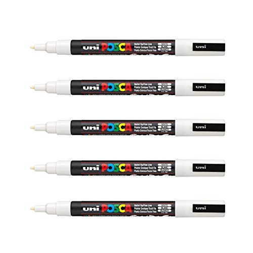 POSCA Mitsubishi Pencil – 5 Marker weiß PC3M – konische Spitze feine Spitze – Marker auf Wasserbasis – für Papier, Textilien, Glas, Kieselstein, Holz etc. von POSCA