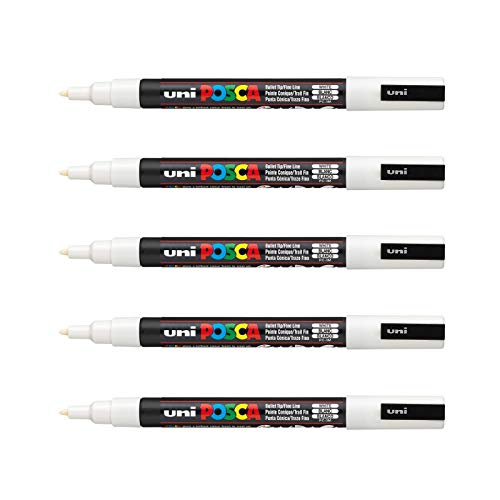POSCA Mitsubishi Pencil – 5 Marker, weiß, PC3M, konische Spitze, feine Spitze, Marker für Farbe auf Wasserbasis, für Papier, Textilien, Glas, Kieselstein, Holz usw. von POSCA