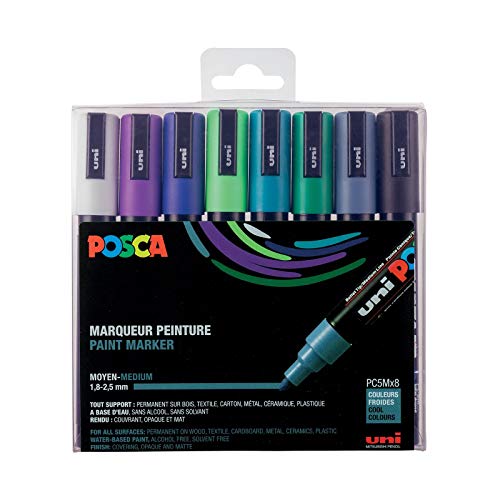 POSCA Mitsubishi Pencil – 8 Marker PC5M – konische Spitze – kalte Farben, mittlere Spitze, Marker auf Wasserbasis – für Papier, Textilien, Glas, Kiesel, Holz von POSCA