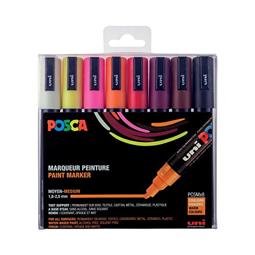 POSCA Mitsubishi Pencil – 8 Marker PC5M – konische Spitze – warme Farben – Marker auf Wasserbasis – für Papier, Textilien, Glas, Kiesel, Holz von POSCA