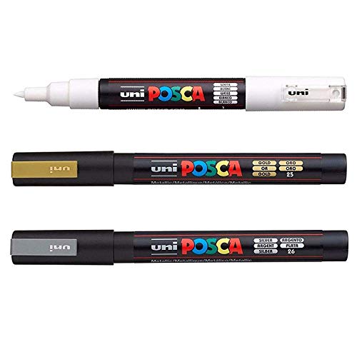 POSCA PC-3M Art Marker-Stifte - Stoff, Glas, Metall-Stift – Set von weiß, gold und silber (je 1) von POSCA