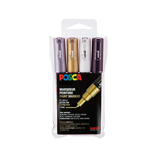 POSCA Mitsubishi Pencil – 4 Metallic-Marker PC1MC extra feine konische Spitze – Farbmarker auf Wasserbasis – Allzweck-Marker – für Papier, Textil, Glas, Kiesel, Holz usw. POSCA Mitsubishi Pencil – 4 Metallic-Marker PC1MC extra feine konische Spitze – Farbmarker auf Wasserbasis – Allzweck-Marker – für Papier, Textil, Glas, Kiesel, Holz usw. von POSCA