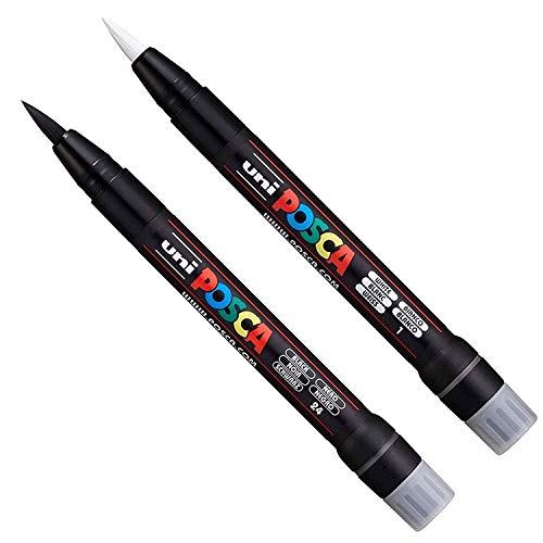 POSCA Uni PCF-350 Pinsel-Marker – Stift für Stoff, Glas, Metall – Set schwarz und weiß (je 1 Stück) von POSCA